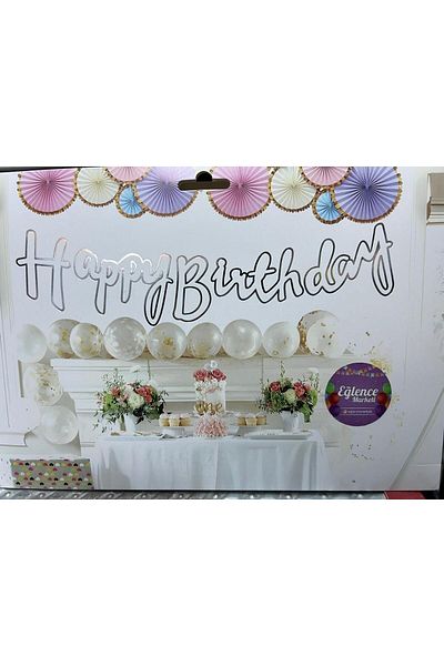 eğlencemarketi Happy Birthday Gilded Calligraphy Banner White Silver