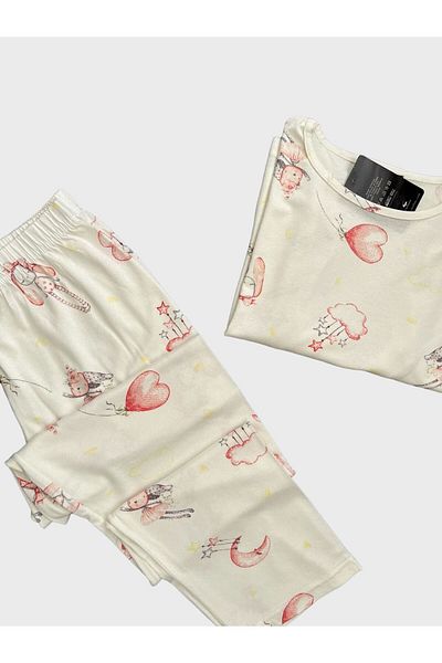tusem butik homewear Ecru Crepe Fabric - Heart Moon and Star Cloud Patterned Short Sleeve Summer Pajamas Set