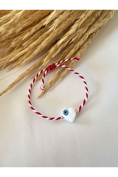 Atelier Çağla White Evil Eye Beaded Heart Marteniçka Christmas Rope Bracelet