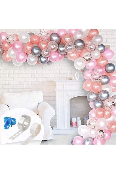 eğlencemarketi Colored Chain Balloon Set with Rose Gold Pink White Silver Chrome Confetti