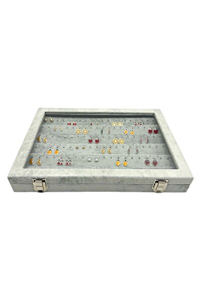 kutuveaksesuar Earring Box Glass Organizer Gray Alfora Fabric