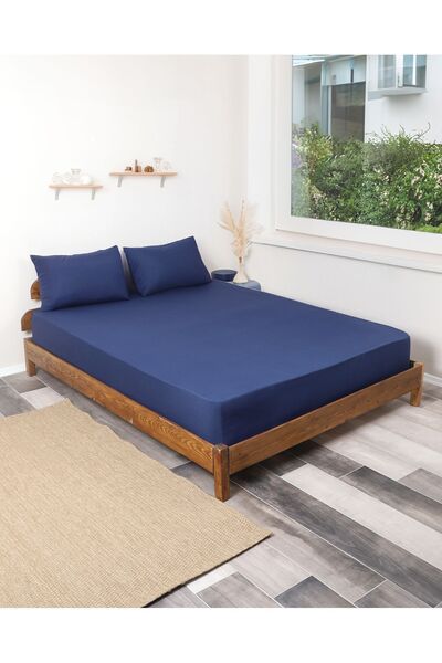 ROZET TEKSTİL Set cearșafuri din bumbac albastru bleumarin - elastic cu față ...