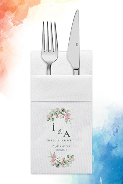 nna tasarım 50 Adet Kişiye Özel Isim Baskılı Aırlaıd Kumaş Dokulu Cepli Nişan...