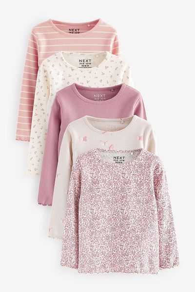 Next Baby Cotton Pink Floral Patterned Long Sleeve Ribbed 5-Piece Bottom Top Set