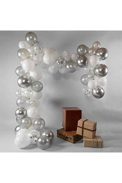 eğlencemarketi White Silver Chrome Confetti Balloon Chain Set