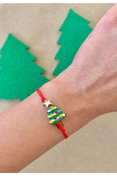 Atelier Çağla Murano Glass Christmas Pine Tree Red Rope Bracelet