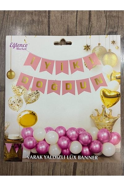 eğlencemarketi Happy Birthday Text Luxury Gilded Banner Pink Gold