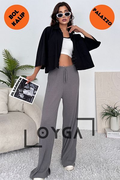 Oyga Pantaloni Palazzo cu nervuri confortabili pentru femei afumati