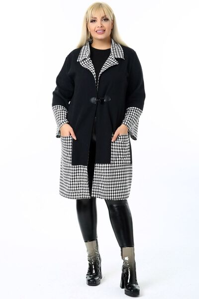 Kheos Houndstooth Patterned Comfortable and Flowy Style Long Cardigan with Wide Sleeve Pockets