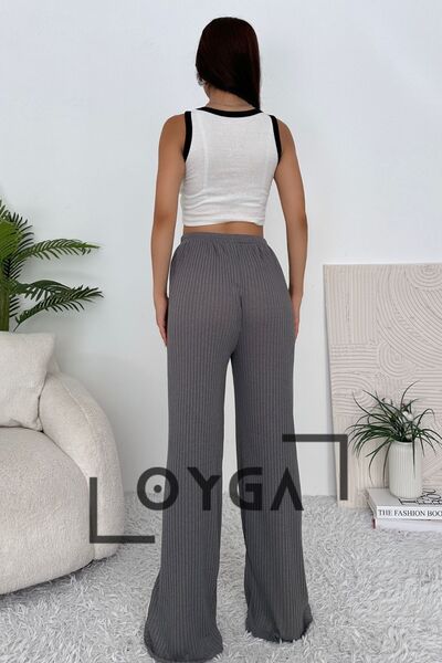 Oyga Füme Kadın Fitilli Palazzo Rahat Giyim Pantolon