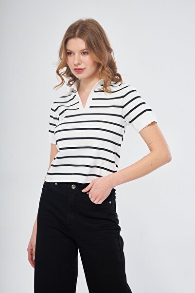 Oyga White Striped Shirt Collar Women's Knitwear Blouse