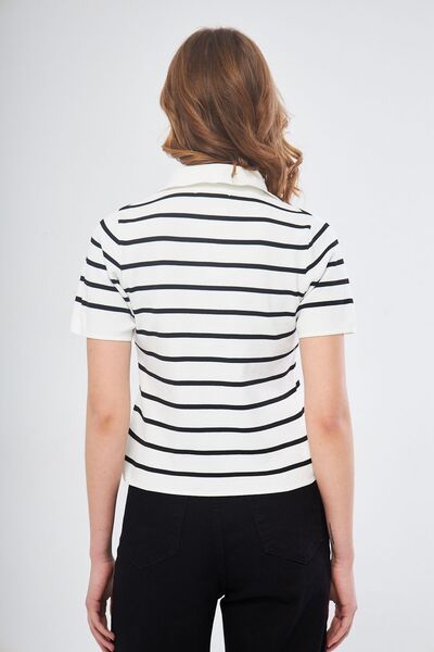 Oyga White Striped Shirt Collar Women's Knitwear Blouse