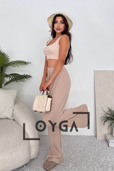 Oyga Krem Kadın Fitilli Palazzo Rahat Giyim Pantolon