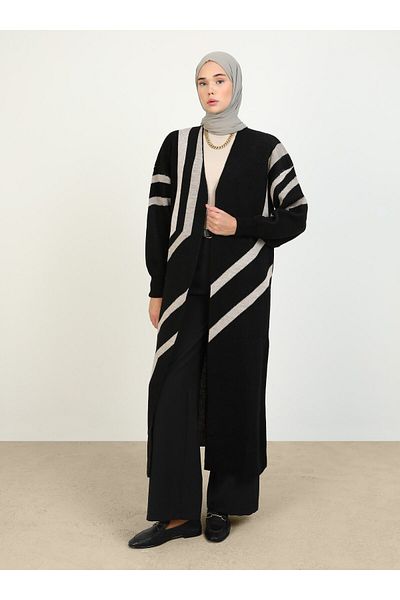 Refka Geometric Patterned Long Knitwear Cardigan with Balloon Sleeves - Black Mink - Refka
