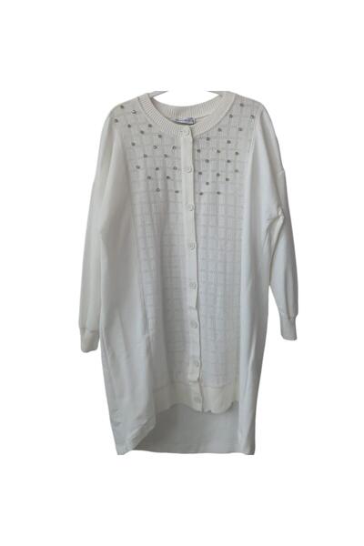 LOREEN FASHİON Ecru Women's Cardigan - Shirt with Stone Detail and Perforation