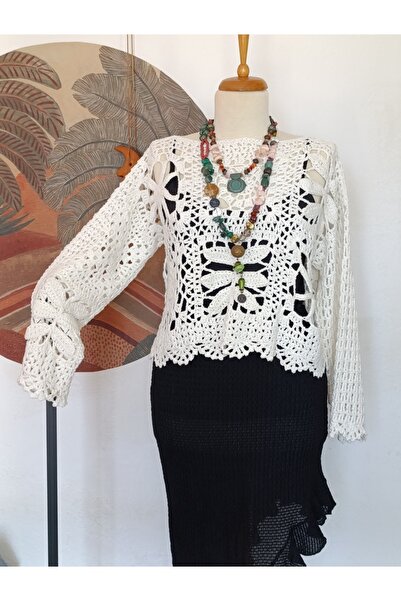 Hippybutik Beyaz Dantel Efekli Ajur Mini El Örgüsü Kazak/bluz