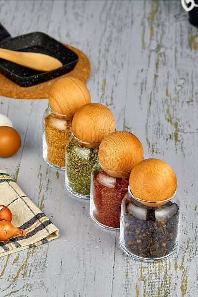 FBZhome 4-Piece Ball Lid Jar Set Glass Snack Bowl with Wooden Lid Sugar Bowl Spice Bowl