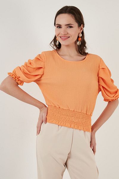 Lela Gipeli Crew Neck Balloon Sleeve Crinkle Stretchy Blouse Blouse 5865018