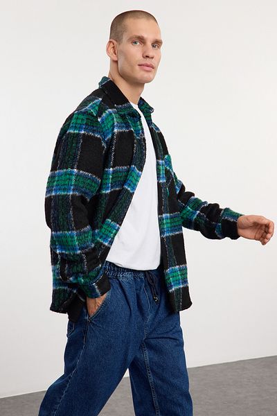 Trendyol Collection Μαύρο Unisex Oversize Fit Χειμερινό καρό πουκάμισο ξυλοκόπο TMNAW25GO00024