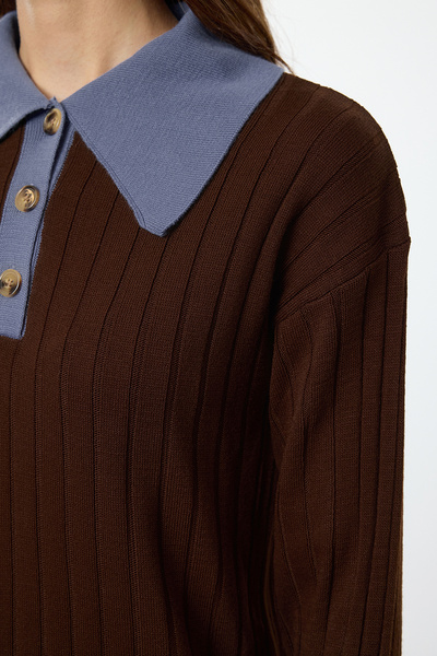 Trendyol Modest Corded Knitted Sweater - Brown Blue Block TCTAW25AK00029