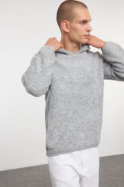 Trendyol Collection Grauer strukturierter Strickpullover mit Kapuze - TMNAW25KZ00047