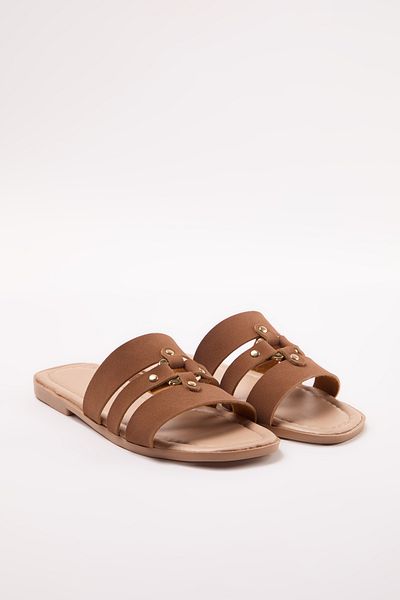 TRENDYOL SHOES Καφέ Rivet Tan Παντόφλες - Strappy, Γυναικείες, TAKAW25TE00004