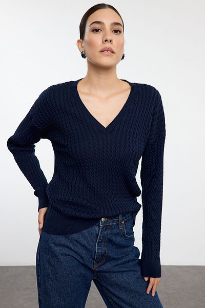Trendyol Collection Sötétkék hajú, részletes, széles szabású kötött pulóver - Twoaw25kz00294