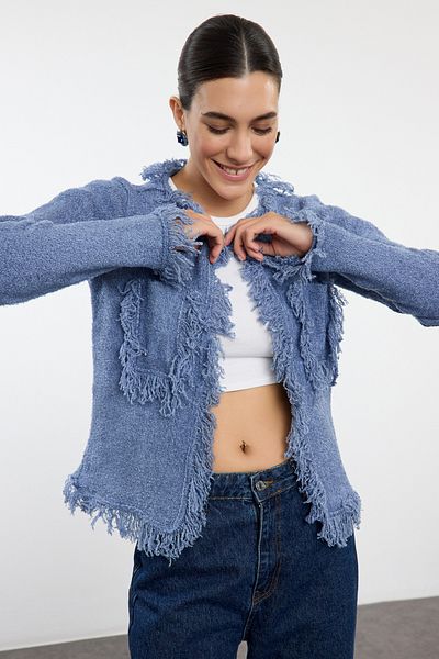 Trendyol Collection Kardigan z měkkého úpletu - modrý, vzhled bundy Twoaw25Hi00161