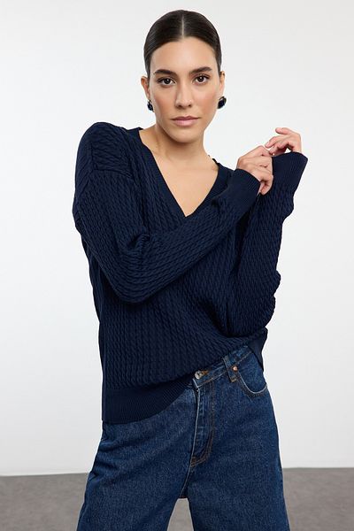 Trendyol Collection Sötétkék hajú, részletes, széles szabású kötött pulóver - Twoaw25kz00294