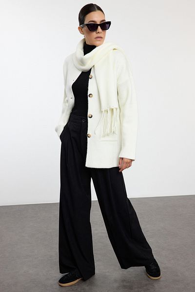 Trendyol Collection Soft Textured Ecru Knitwear Cardigan - Wide Fit, Scarf Coat Look Twoaw25Hi00181