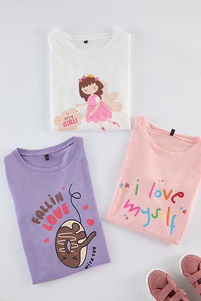 TRENDYOLKIDS Lányok ekrü-lila-púderes 3 db pamut kötött pólókészlet - TKDAW25TS00011