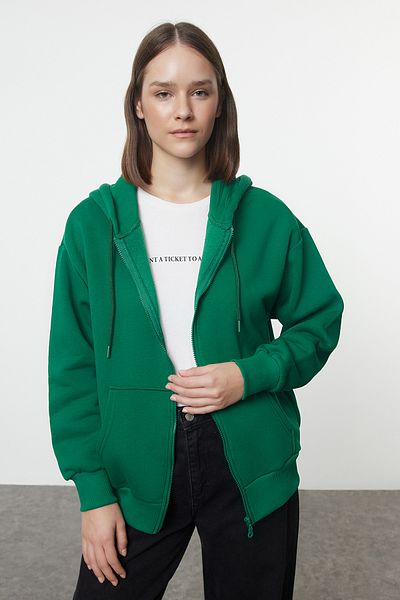 Trendyol Collection Φούτερ με κουκούλα από σμαραγδί πράσινο φλις - με φερμουάρ, φαρδιά εφαρμογή TWOAW21sw0840