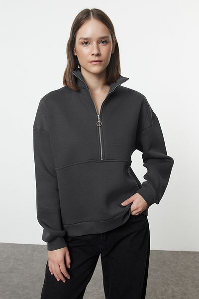 Trendyol Collection Anthracite FleeceOversizeKnittedSweatshirt- Half Zipper, Thick Inside Twoaw24sw00416