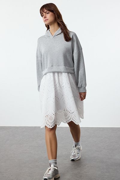 Trendyol Collection Gray Embroidery Mini Knitted Dress - MELange Hooded, Zippered, Color Block TWOAW25EL00510