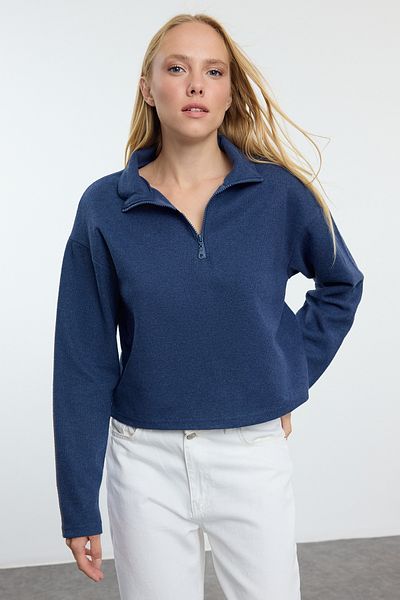 Trendyol Collection Indigo límec na zip - Thessaloniki/pletený vzhled Pletená mikina Twoaw22sw0732