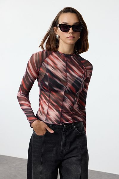 Trendyol Collection Καφέ Slim Fit Crop Μπλούζα - Abstract Pattern, Λεπτομέρεια ραφής, Body Fitting Twoaw25bz00219