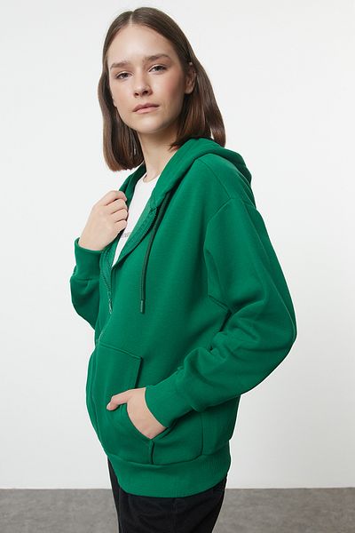 Trendyol Collection Φούτερ με κουκούλα από σμαραγδί πράσινο φλις - με φερμουάρ, φαρδιά εφαρμογή TWOAW21sw0840