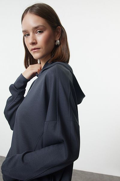 Trendyol Collection Relaxed Fit Anthracite Knitted SWeatshirt - Hooded, Soft Button and Stitching Detail TWOAW25sw00058