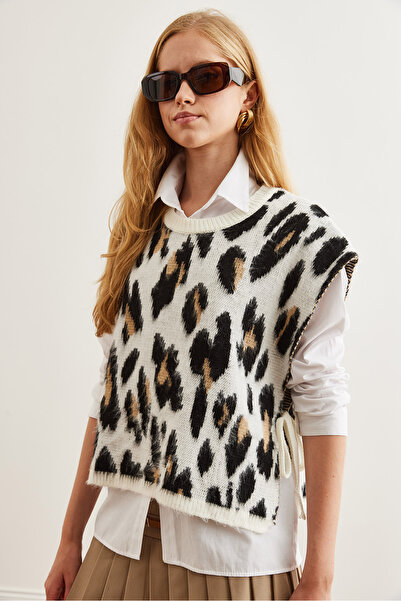 Olalook Měkký pletený svetr s leopardím vzorem Ecru - Side Tie Svt- 00000036