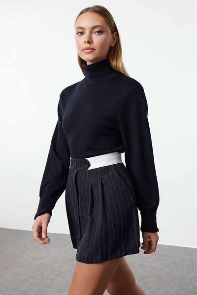 Trendyol Collection Fusta neagră țesătă cu dungi cu detaliu în talie contrastantă TWOAW25ET00052