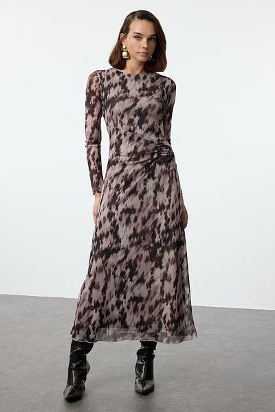 Trendyol Collection Макси плетена рокля с кафява драпировка - щампа Twoaw25el00408