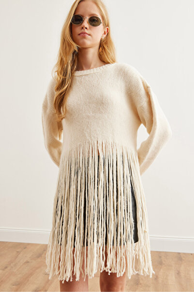 Olalook Ecru Women's Knitwear Sweater - Tasseled, Kzk- 19000809