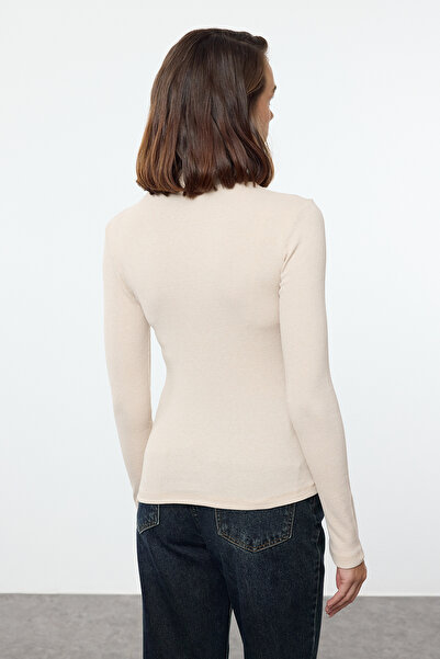 Trendyol Collection Rugalmas bordás állógallér hosszú ujjú kötött blúz - bordó/bézs 2 csomag Twoaw24bz00257