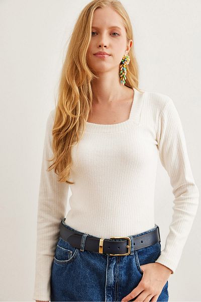 Olalook Ecru Women's Blouse - Square Collar, Thick Corduroy and Shardon Blz- 19002726