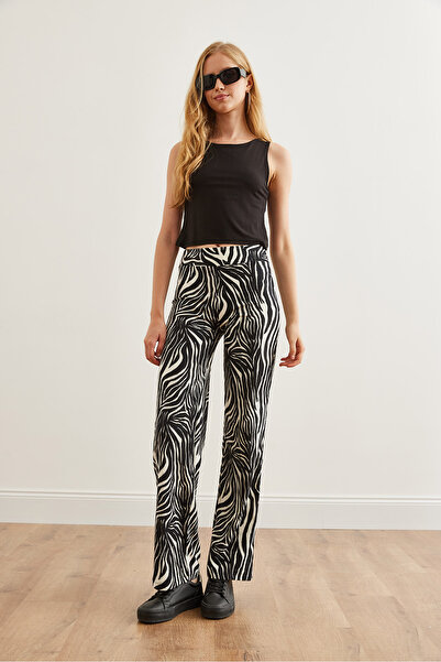 Olalook Kadın Zebra Siyah Yüksek Bel Süet Dokulu Bol Paça Pantolon PNT-19000289