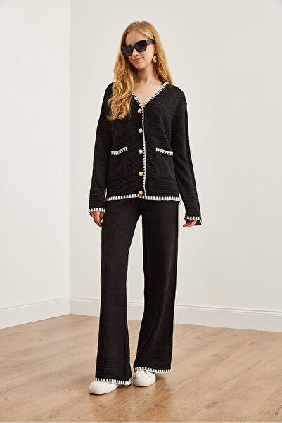 Olalook Black Knitwear Set - Piping Detailed Cardigan and Bottom Trousers Tkm- 19000305