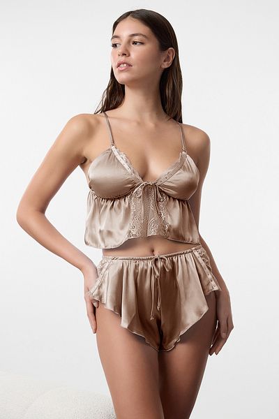 Trendyol Collection Bronzefarbenes Satin- und Schleifendetail-Unterwäscheset ohne Körbchen – THMAW25CC00013
