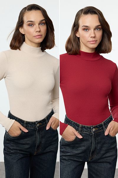 Trendyol Collection Rugalmas bordás állógallér hosszú ujjú kötött blúz - bordó/bézs 2 csomag Twoaw24bz00257