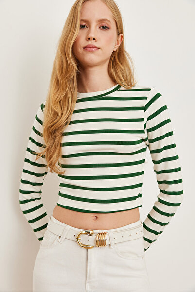 Olalook Πράσινη ριγέ Premium Soft Touch Crop Μπλούζα - Crew Neck BLZ- 19002451