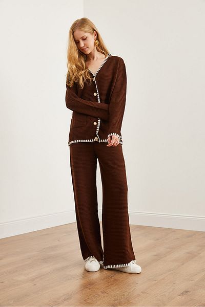 Olalook Bitter Brown Colored Women's Knitwear Set - Top Cardigan and Lower Trousers Tkm- 19000305